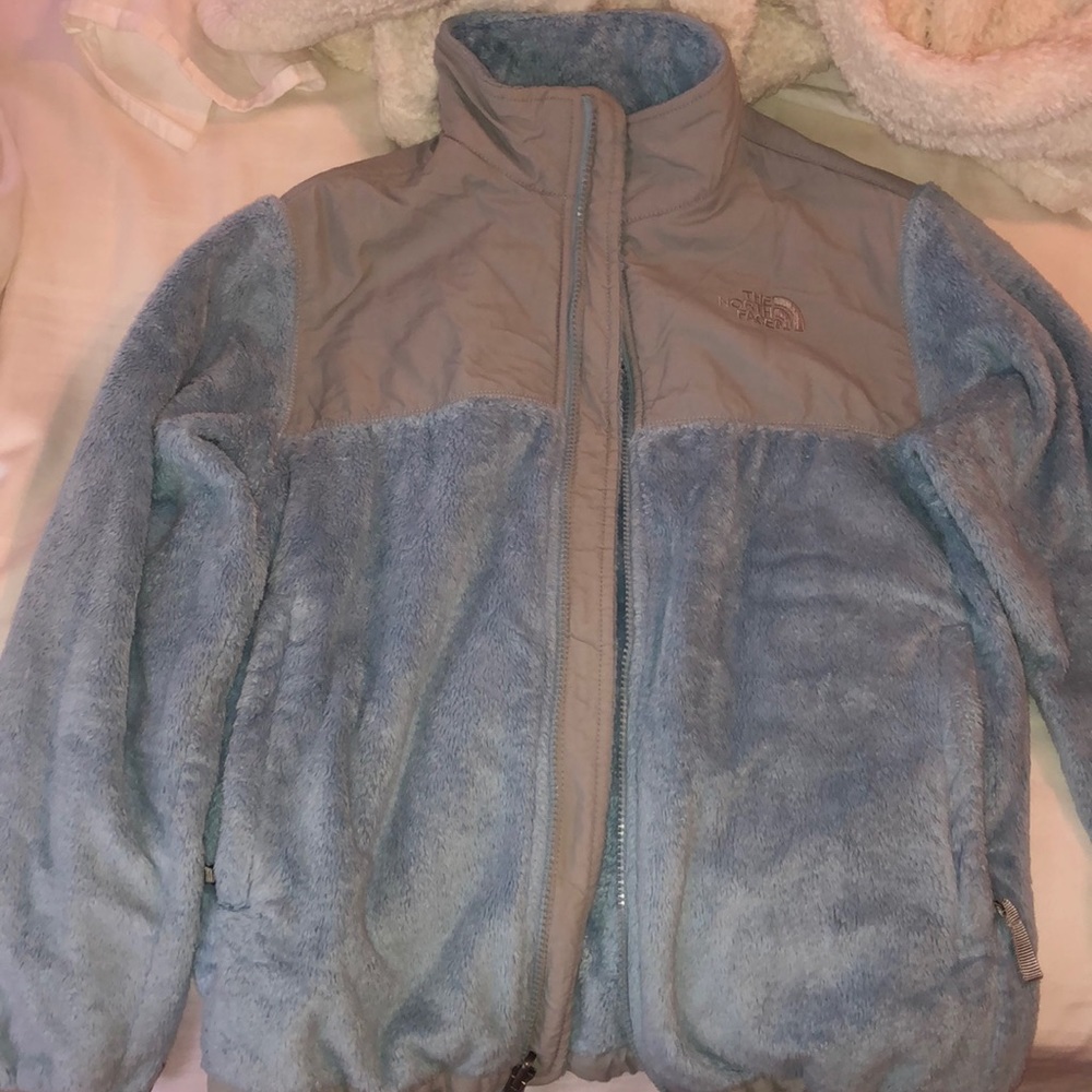 Light blue fuzzy Northface jacket